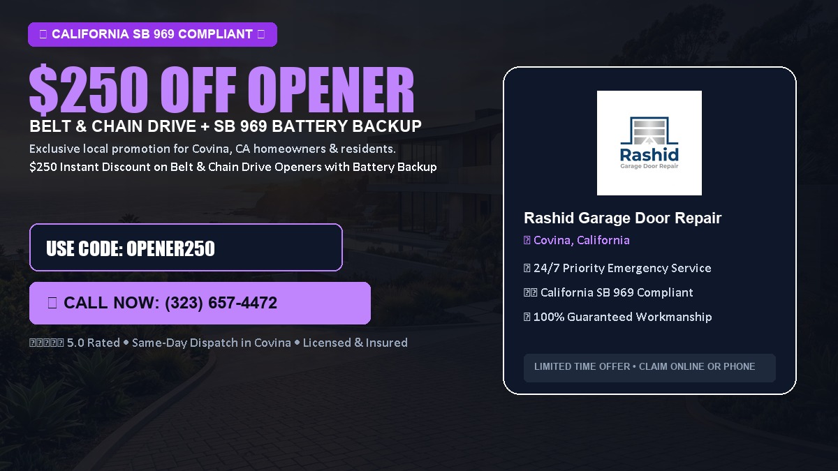 $250 OFF Smart Garage Door Opener Installation (Belt & Chain Drive with California SB 969 Battery Backup) in Covina, CA